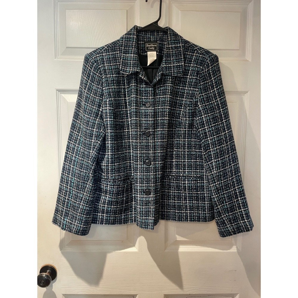 Southern Lady Womens Navy Blue Teal Plaid Tweed Blazer Jacket Size 16 811F